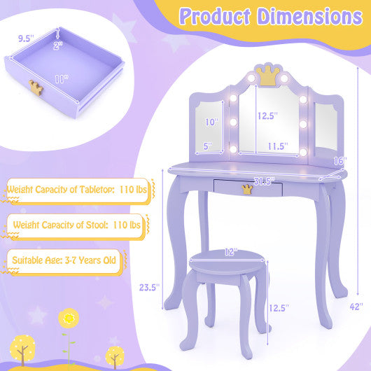 Kids Vanity Set with Tri-fold Lighted Mirror Detachable Top and Stool-Purple