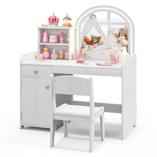 Kids Vanity Table and Chair Set with Shelves Drawer and Cabinet-White