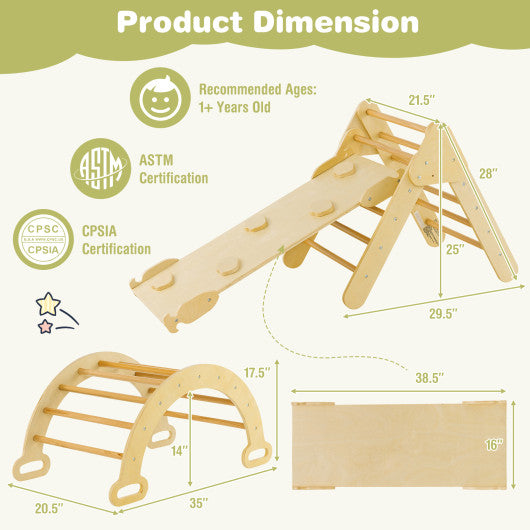 5-in-1 Wooden Kids Climber Toys with Triangle Arch Ramp-Natural
