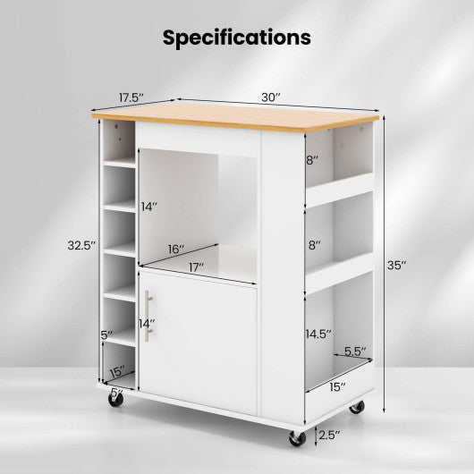 Kitchen Cart on Wheels with Bamboo Top and 6-Bottle Wine Rack-White