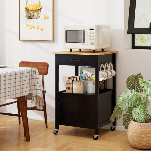 Rolling Kitchen Island Cart with Drawer and Side Hooks-Black