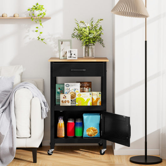 Rolling Kitchen Island Cart with Drawer and Side Hooks-Black