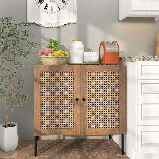 Kitchen Sideboard with 2 Rattan Doors and Adjustable Shelf-Natural