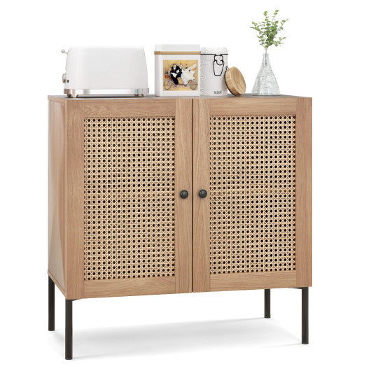 Kitchen Sideboard with 2 Rattan Doors and Adjustable Shelf-Natural