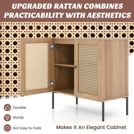 Kitchen Sideboard with 2 Rattan Doors and Adjustable Shelf-Natural