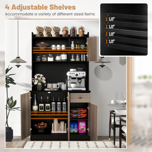 4-Door Freestanding Kitchen Buffet with Hutch and Adjustable Shelves-Black