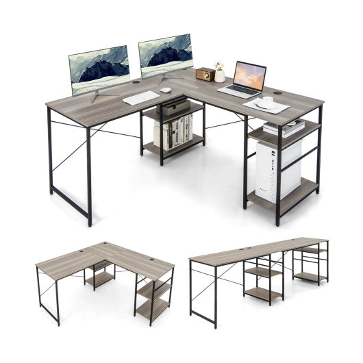 L Shaped Computer Desk with 4 Storage Shelves and Cable Holes-Gray