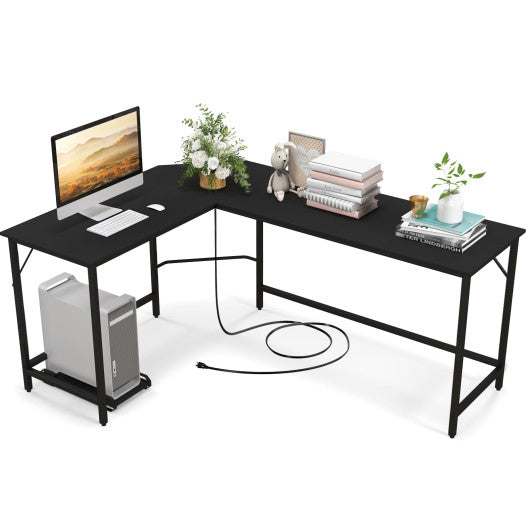 L-Shaped Computer Desk with CPU Stand Power Outlets and USB Ports-Black