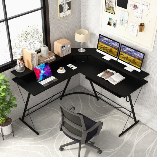 L-shaped Computer Desk with Power Outlet and Monitor Stand-Black