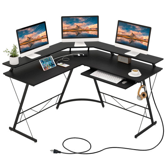 L-shaped Computer Desk with Power Outlet and Monitor Stand-Black