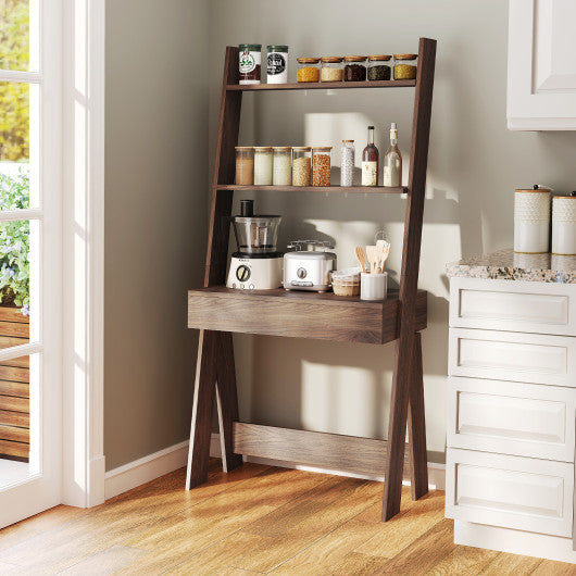 Ladder Shelf Desk Bookcase with Countertop Drawer and 2 Shelves-Walnut