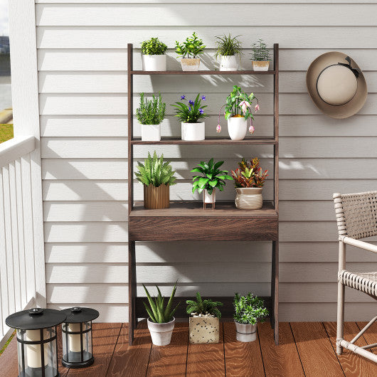 Ladder Shelf Desk Bookcase with Countertop Drawer and 2 Shelves-Walnut
