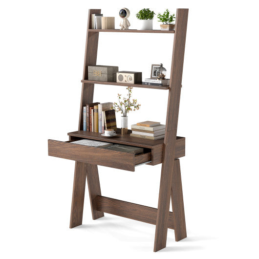 Ladder Shelf Desk Bookcase with Countertop Drawer and 2 Shelves-Walnut