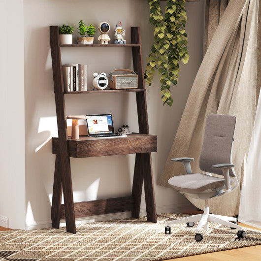 Ladder Shelf Desk Bookcase with Countertop Drawer and 2 Shelves-Walnut