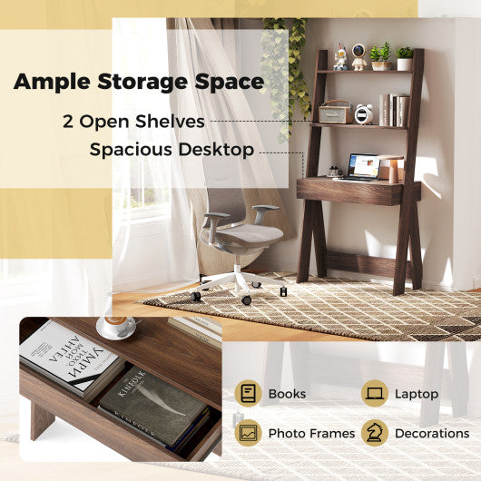 Ladder Shelf Desk Bookcase with Countertop Drawer and 2 Shelves-Walnut