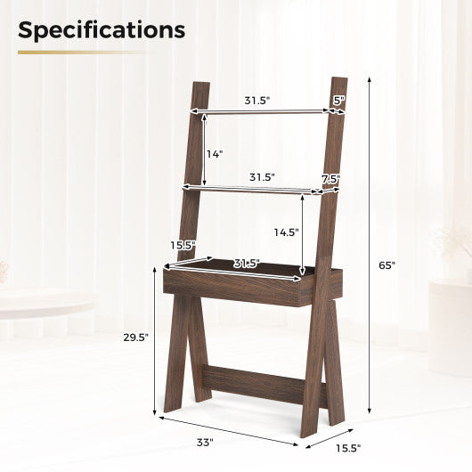 Ladder Shelf Desk Bookcase with Countertop Drawer and 2 Shelves-Walnut