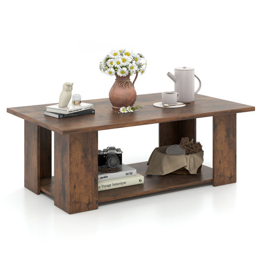 Large 36/41 Inch 2-tier Wooden Modern Coffee Table with Storage Shelf-Coffee