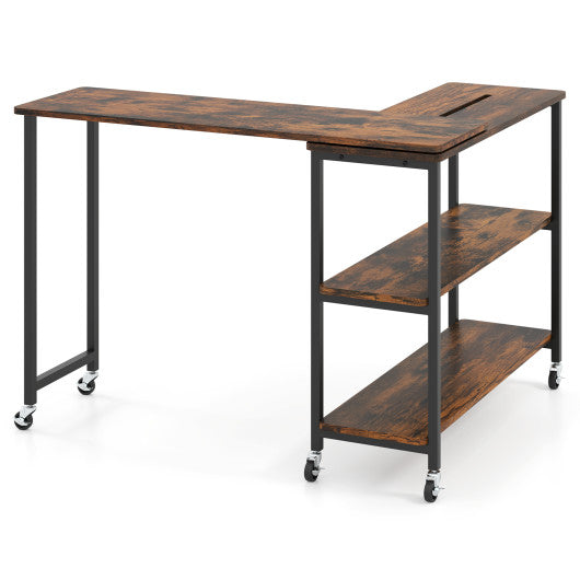 Large 360-Degree Free Rotating Sofa Side Table with Wheels and Storage Shelf-Rustic Brown