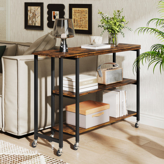 Large 360-Degree Free Rotating Sofa Side Table with Wheels and Storage Shelf-Rustic Brown