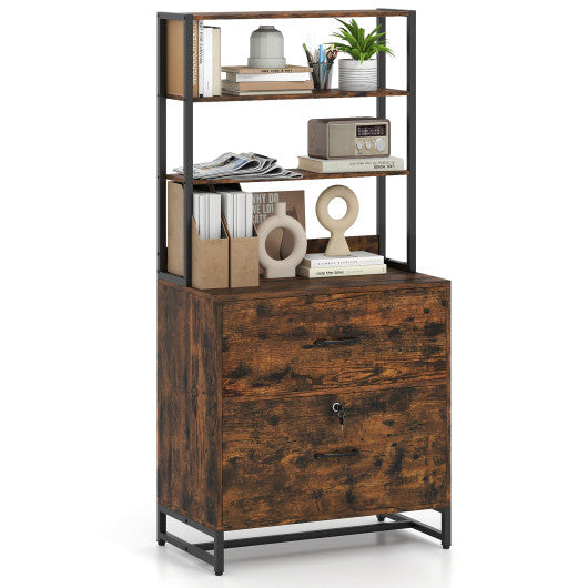 Letter Size Lateral File Cabinet with Lock and Bookshelf-Rustic Brown