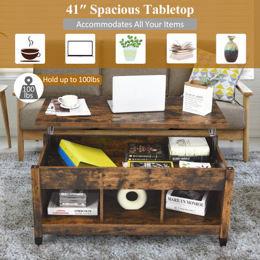 Lift Top Coffee Table with Hidden Storage Compartment- Brown