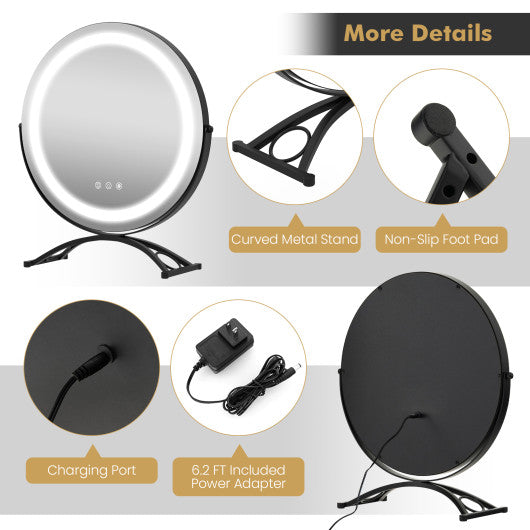 16 x 16 Inch Round LED Vanity Mirror with 3-Color Lighting and Brightness Dimming-Black