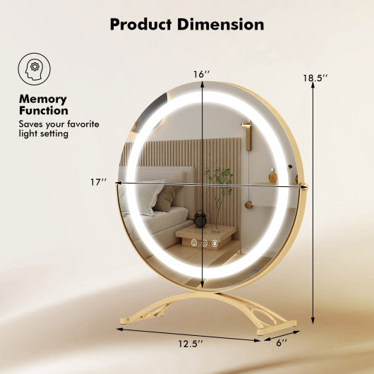 16 x 16 Inch Round LED Vanity Mirror with 3-Color Lighting and Brightness Dimming-Golden
