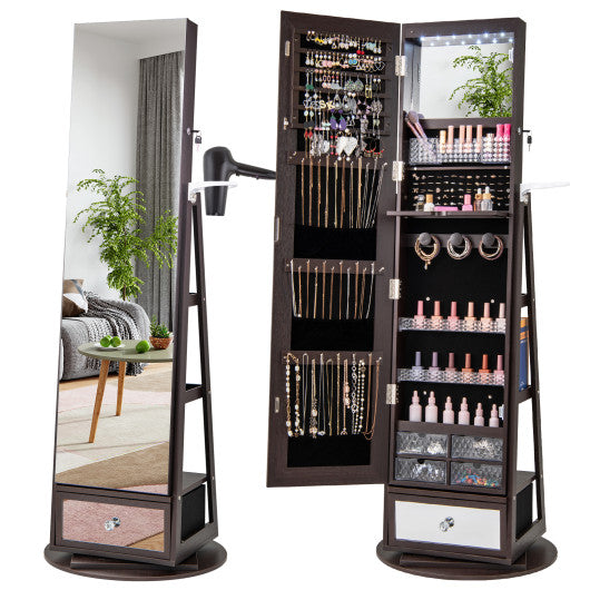 Lockable 360° Swivel Jewelry Cabinet with Full-Length Mirror LED Lights-Dark Brown