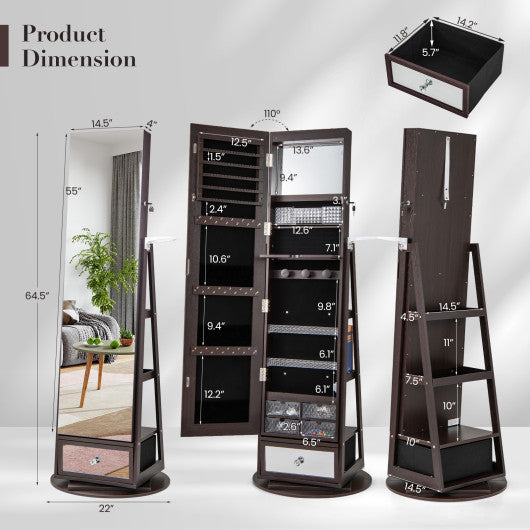 Lockable 360° Swivel Jewelry Cabinet with Full-Length Mirror LED Lights-Dark Brown