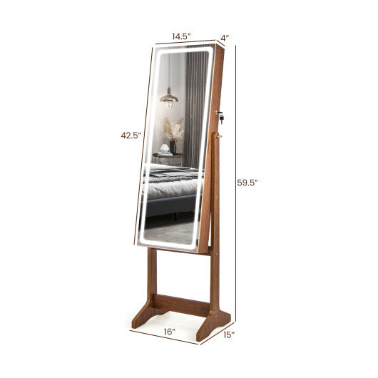 Lockable Jewelry Armoire Standing Cabinet with Lighted Full-Length Mirror-Walnut