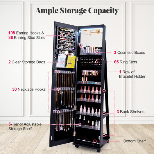 64 Inches Lockable Jewelry Cabinet Armoire with Built-in Makeup Mirror-Black