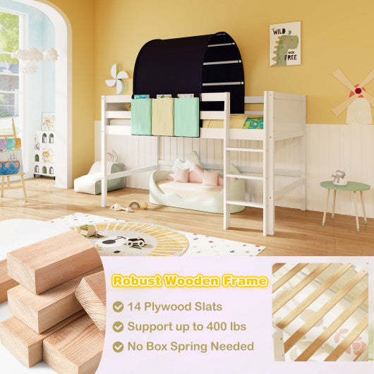 Twin Size Loft Bed Playhouse Bed Frame with Tower Tent and 3 Storage Pockets-Navy