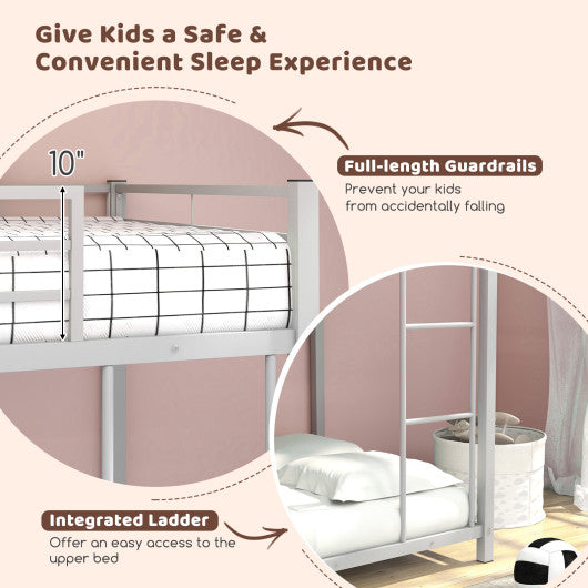 Low Profile Twin Over Twin Metal Bunk Bed with Full-length Guardrails-Silver