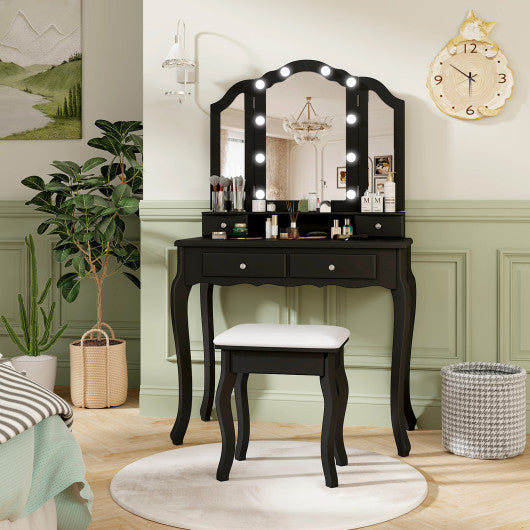 Makeup Vanity Table Set with Lighted Mirror and Drawers-Black