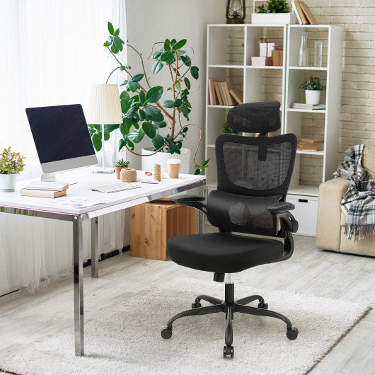 Mesh Office Chair with Adaptive Lumbar Support Flip-up Armrests Reclining Backrest-Black