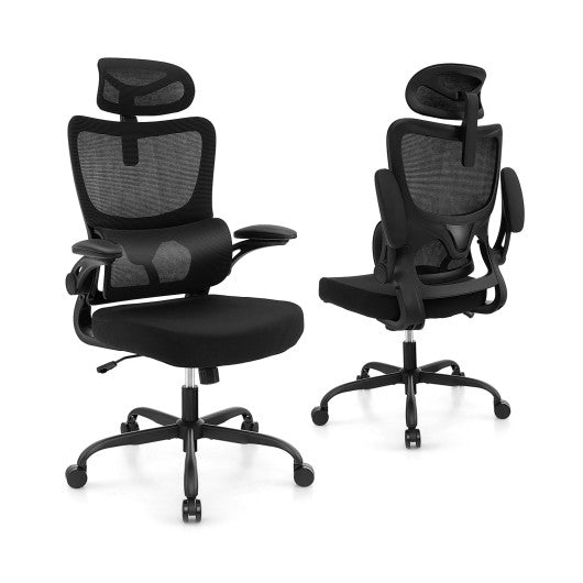 Mesh Office Chair with Adaptive Lumbar Support Flip-up Armrests Reclining Backrest-Black