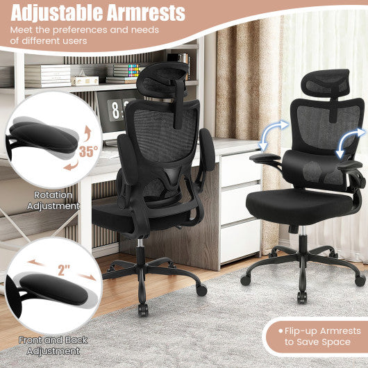Mesh Office Chair with Adaptive Lumbar Support Flip-up Armrests Reclining Backrest-Black