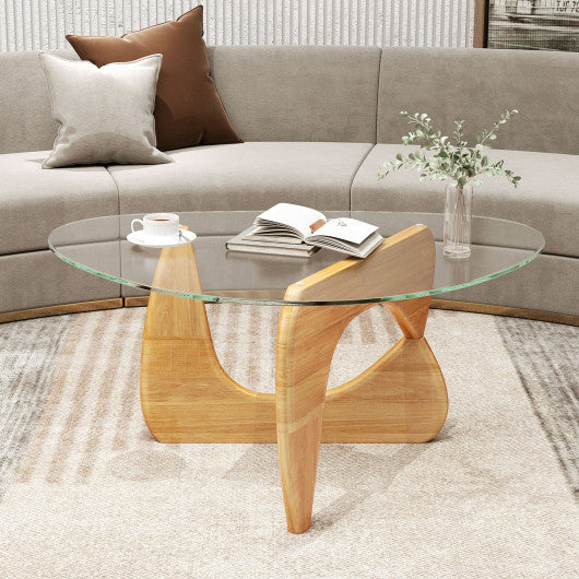 Triangle Coffee Table with Tempered Glass Top and Adjustable Rubber Wood Base-Natural