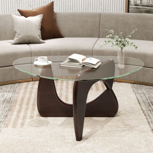 Triangle Coffee Table with Tempered Glass Top and Adjustable Rubber Wood Base-Walnut
