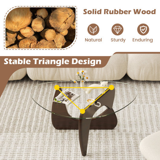 Triangle Coffee Table with Tempered Glass Top and Adjustable Rubber Wood Base-Walnut