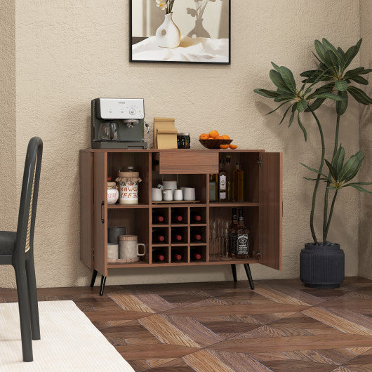 Mid-century Modern Buffet Sideboard Server Cabinet with 9-Bottle Wine Rack-Walnut