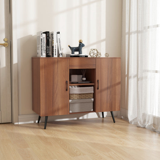 Mid-century Modern Buffet Sideboard Server Cabinet with 9-Bottle Wine Rack-Walnut