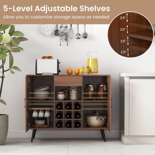 Mid-century Modern Buffet Sideboard Server Cabinet with 9-Bottle Wine Rack-Walnut