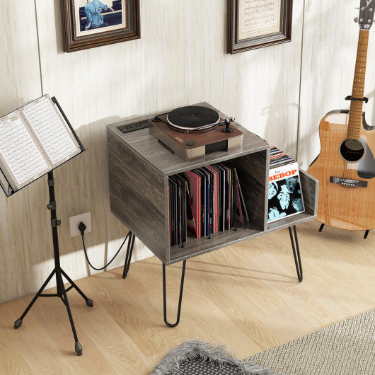 Mid-century Record Player Stand with Power Outlet and Vinyl Divider-Gray