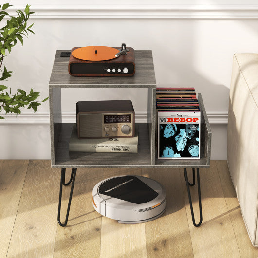 Mid-century Record Player Stand with Power Outlet and Vinyl Divider-Gray