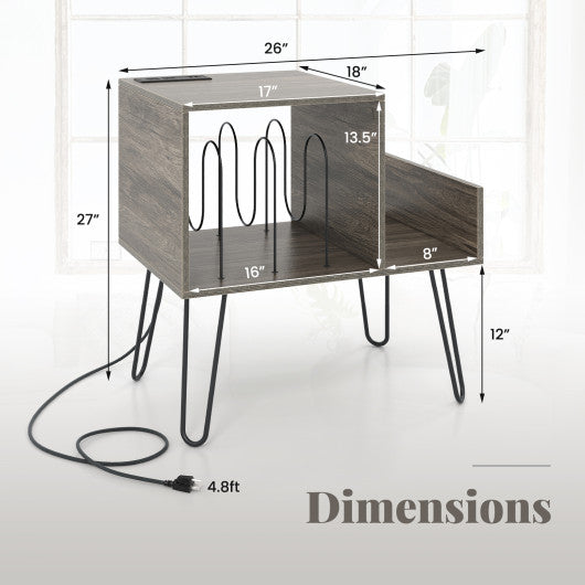 Mid-century Record Player Stand with Power Outlet and Vinyl Divider-Gray