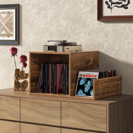 Mid-century Record Player Stand with Power Outlet and Vinyl Divider-Rustic Brown