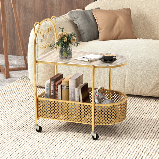 2-Tier Mobile Glass Coffee Table with Bear Pattern-Golden