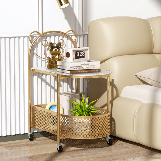 2-Tier Mobile Glass Coffee Table with Bear Pattern-Golden