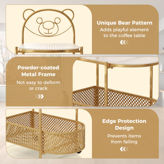 2-Tier Mobile Glass Coffee Table with Bear Pattern-Golden